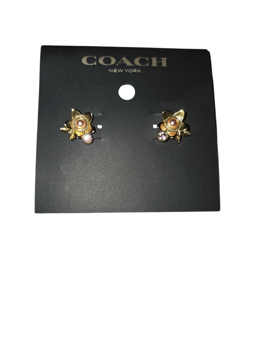NWT Coach Gold Tone Wildflower Stud Earrings Pink Pearl Pink Crystal Gem - Picture 3 of 5